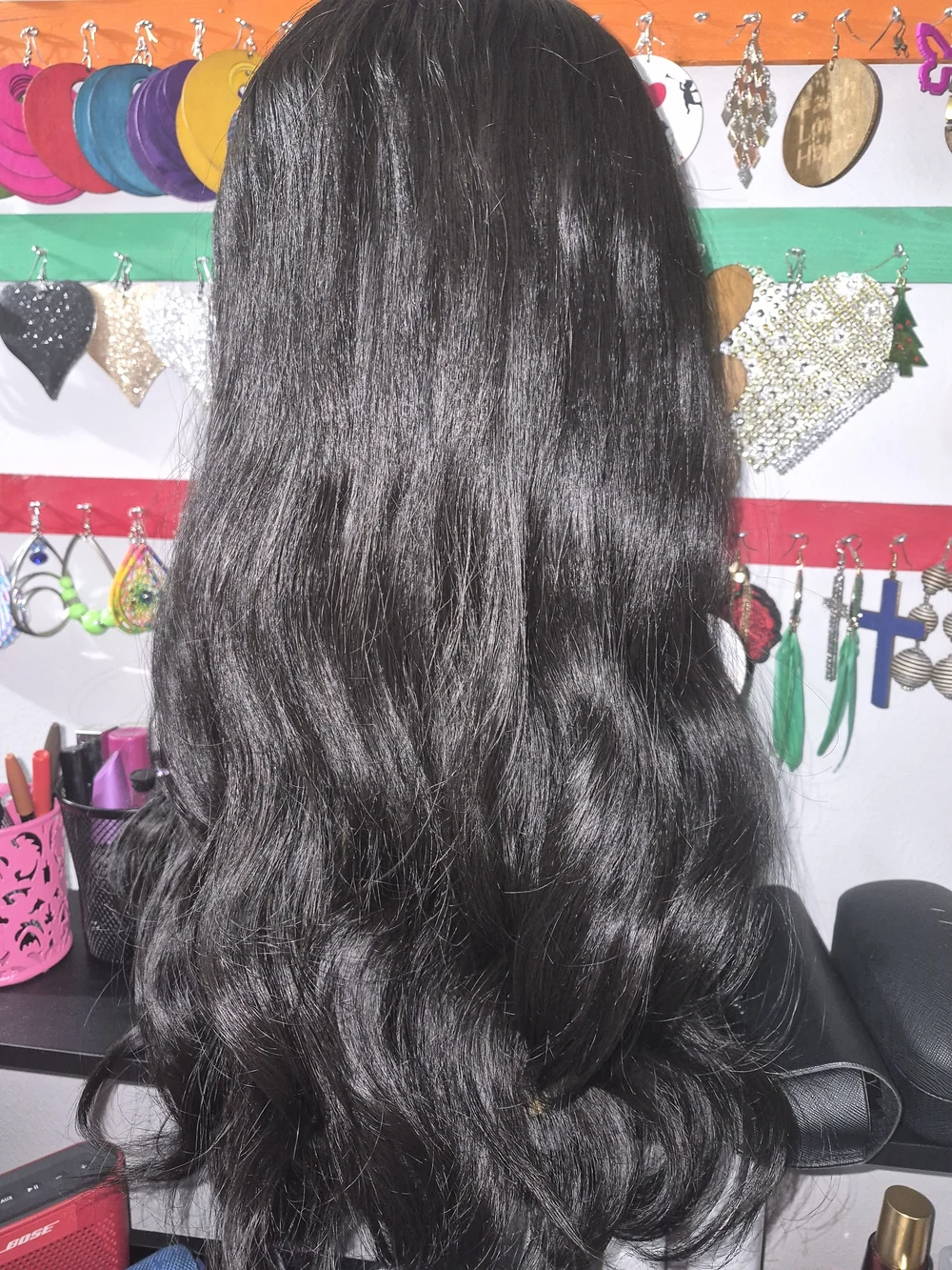 Black Wig with White Highlighted Front Strands - Women Hair